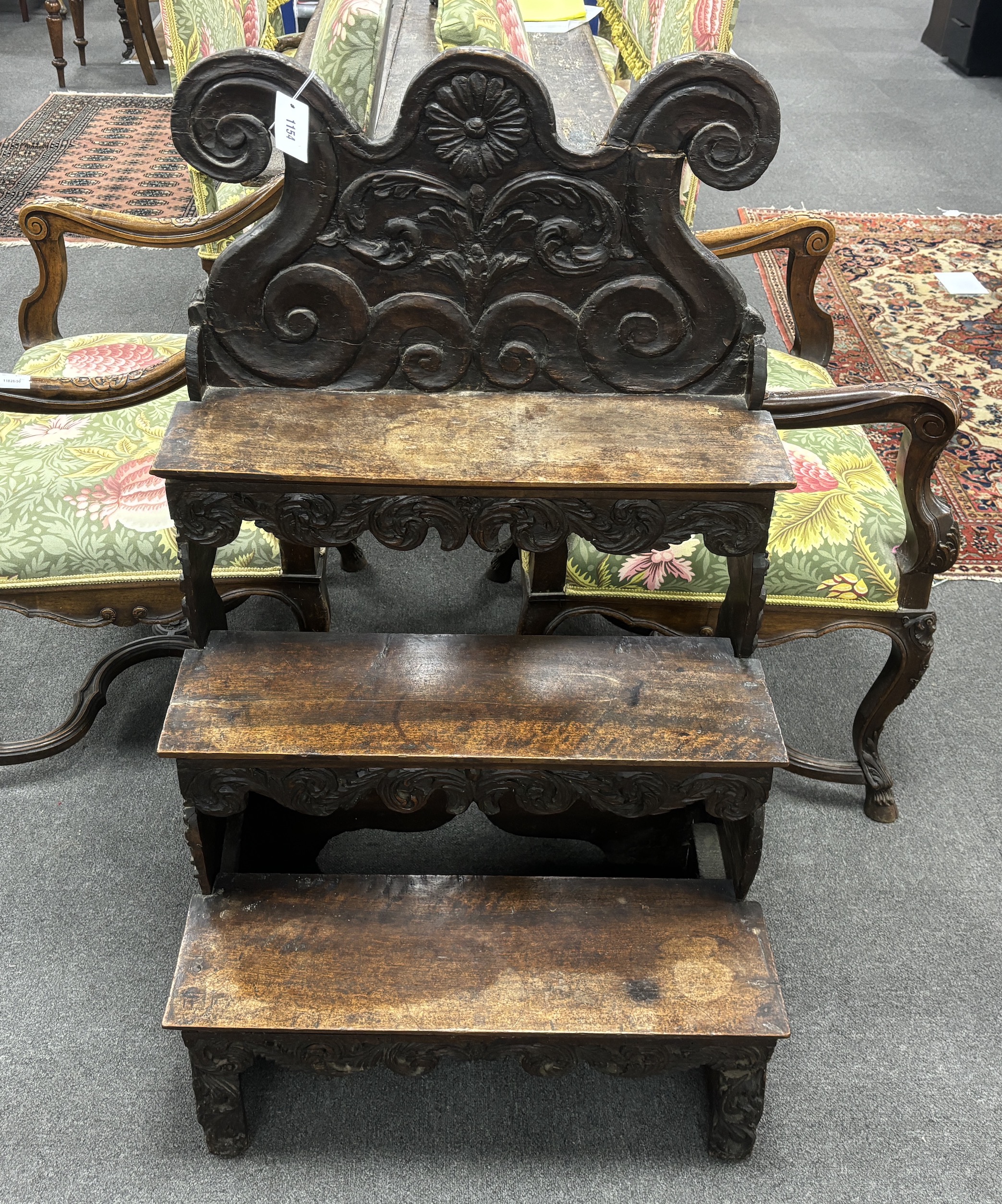 A set of 17th century French carved walnut steps, width 65cm, depth 50cm, height 108cm